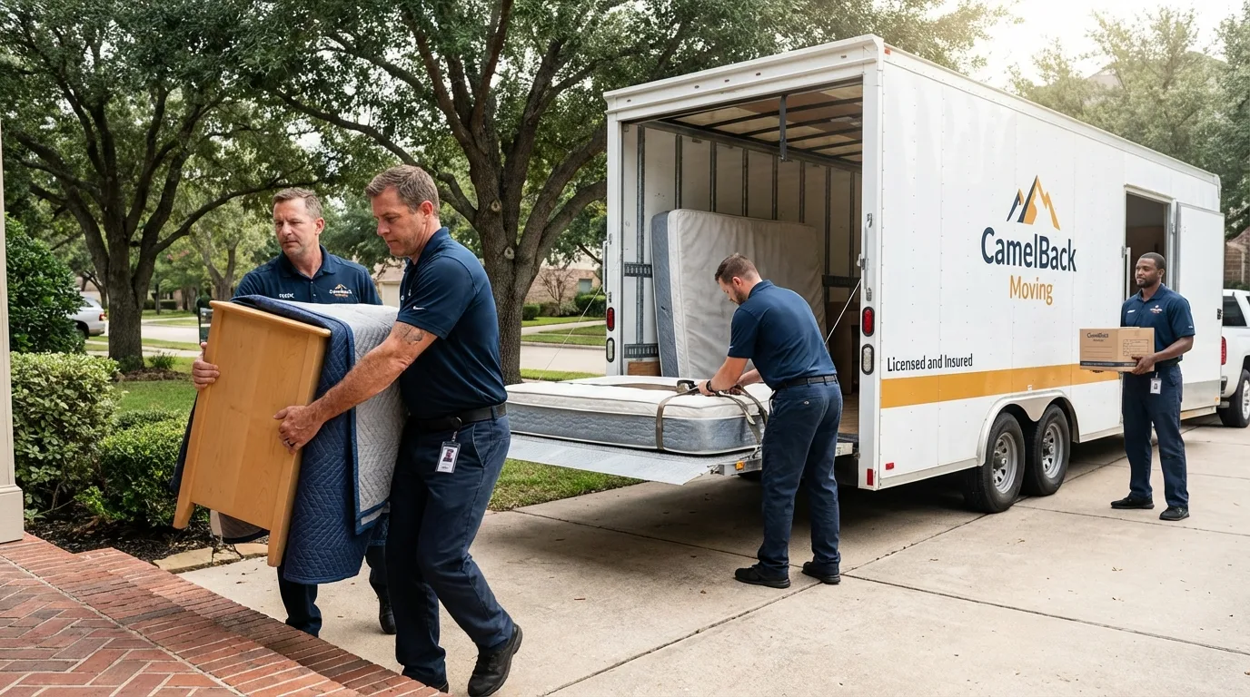 Crew loading residential truck for cross-state move from Meeker, OK