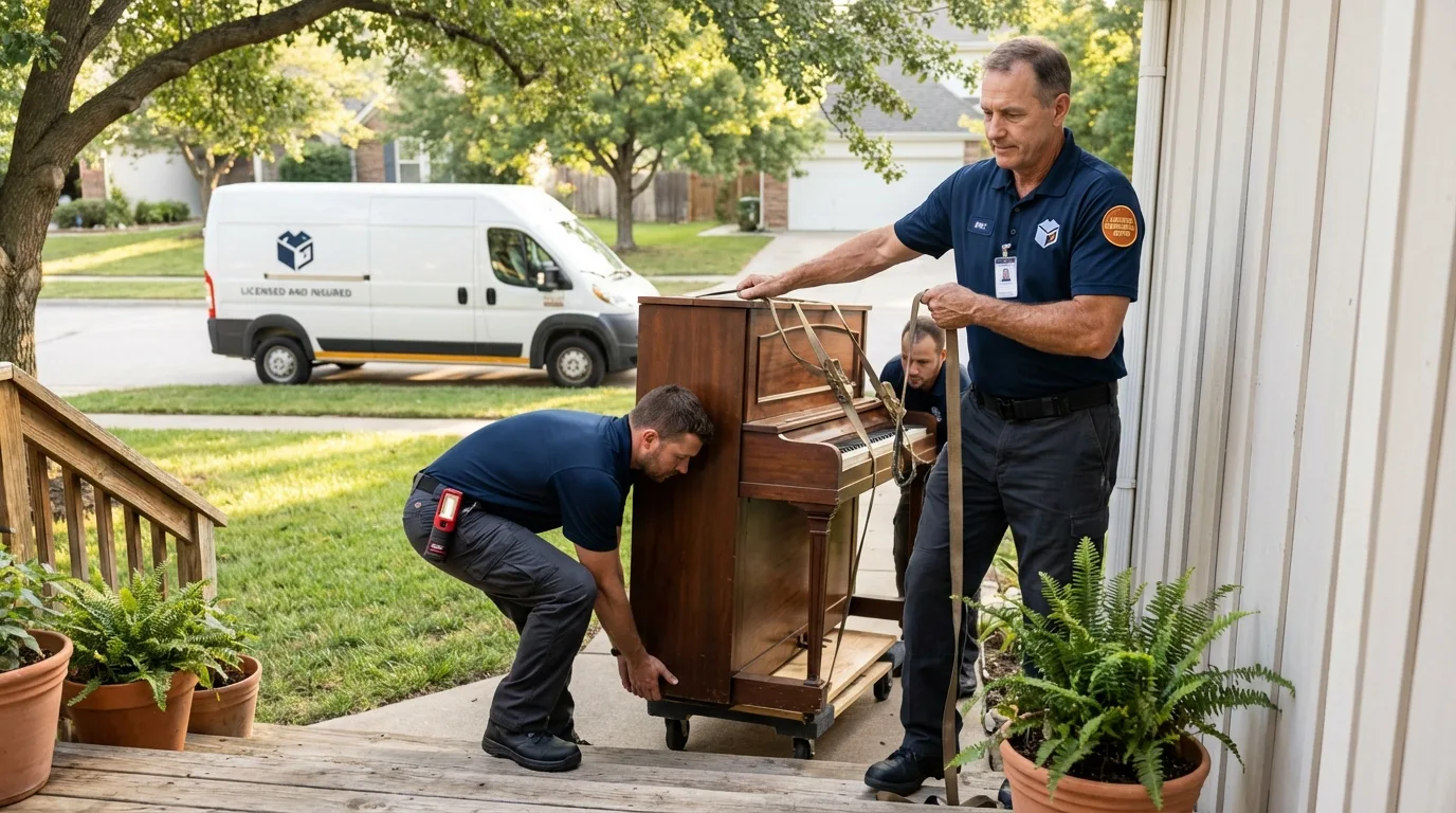 Licensed piano movers securing grand piano in Meeker, OK