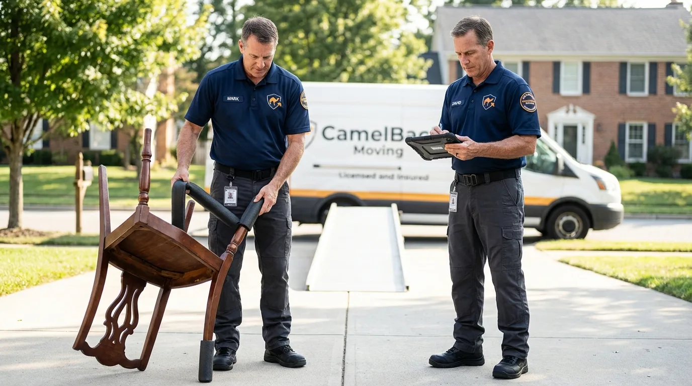 Movers inspecting furniture for damage prevention before loading in Meeker, OK