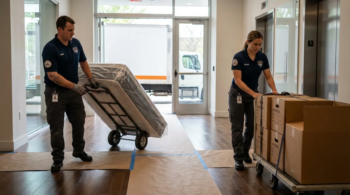 Professional apartment movers loading elevator in Meeker, OK