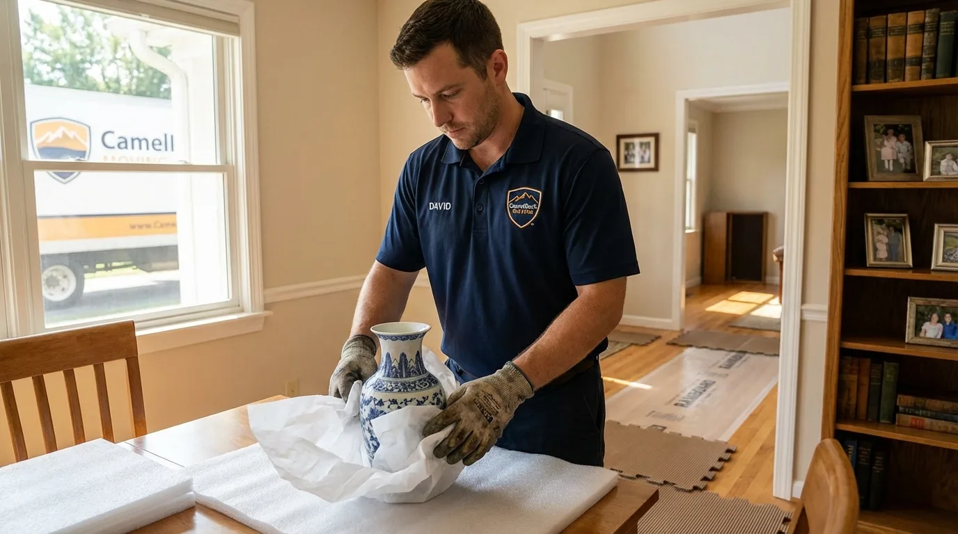Professional crew carefully wrapping antique vase for senior downsizing move in Meeker, OK